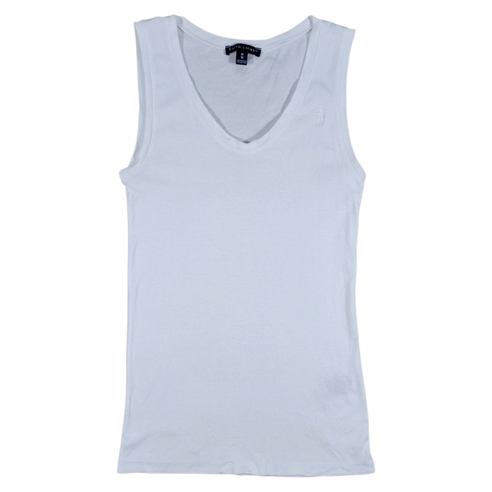 Ralph Lauren Tank Top Womens M White Pima Cotton V-Neck Basic Casual Preppy Pony